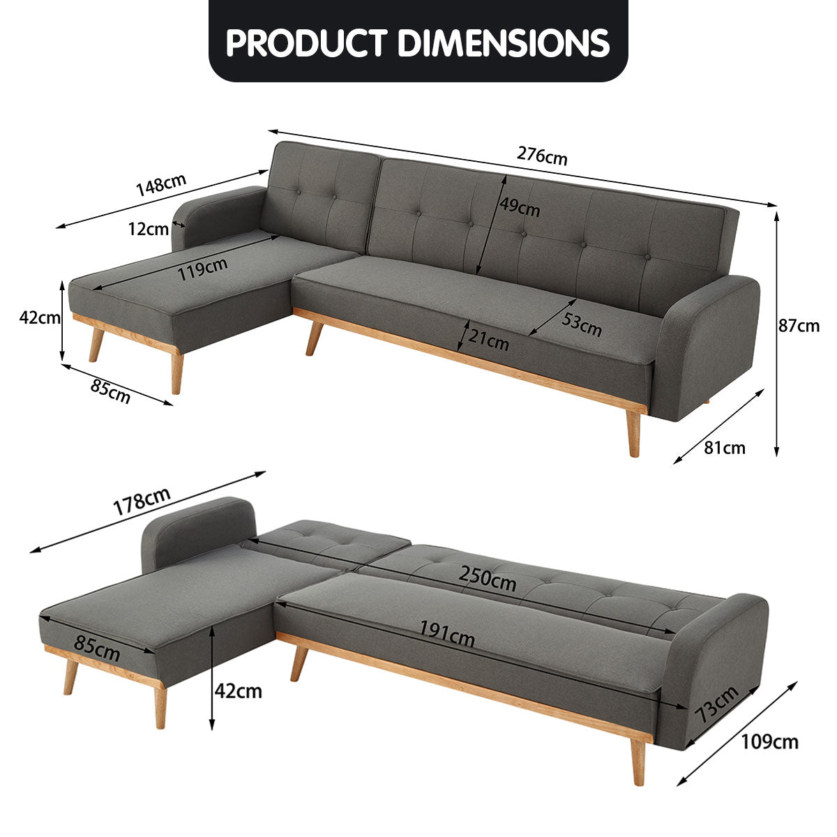 Sarantino 3-Seater Sofa Bed with Chaise Dark Grey