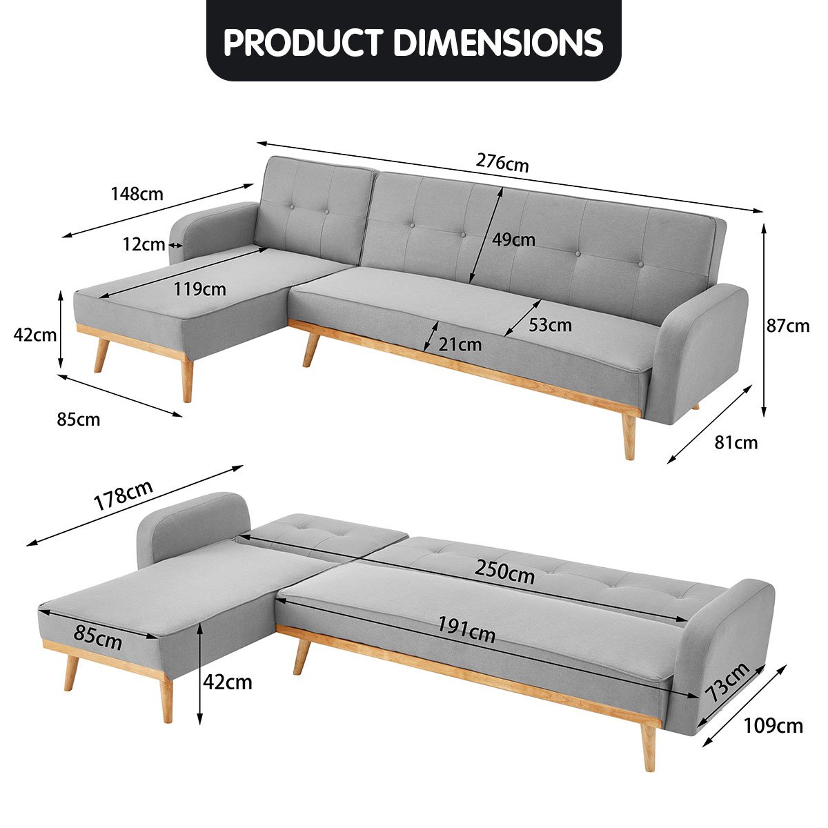 Sarantino 3-Seater Sofa Bed with Chaise Light Grey