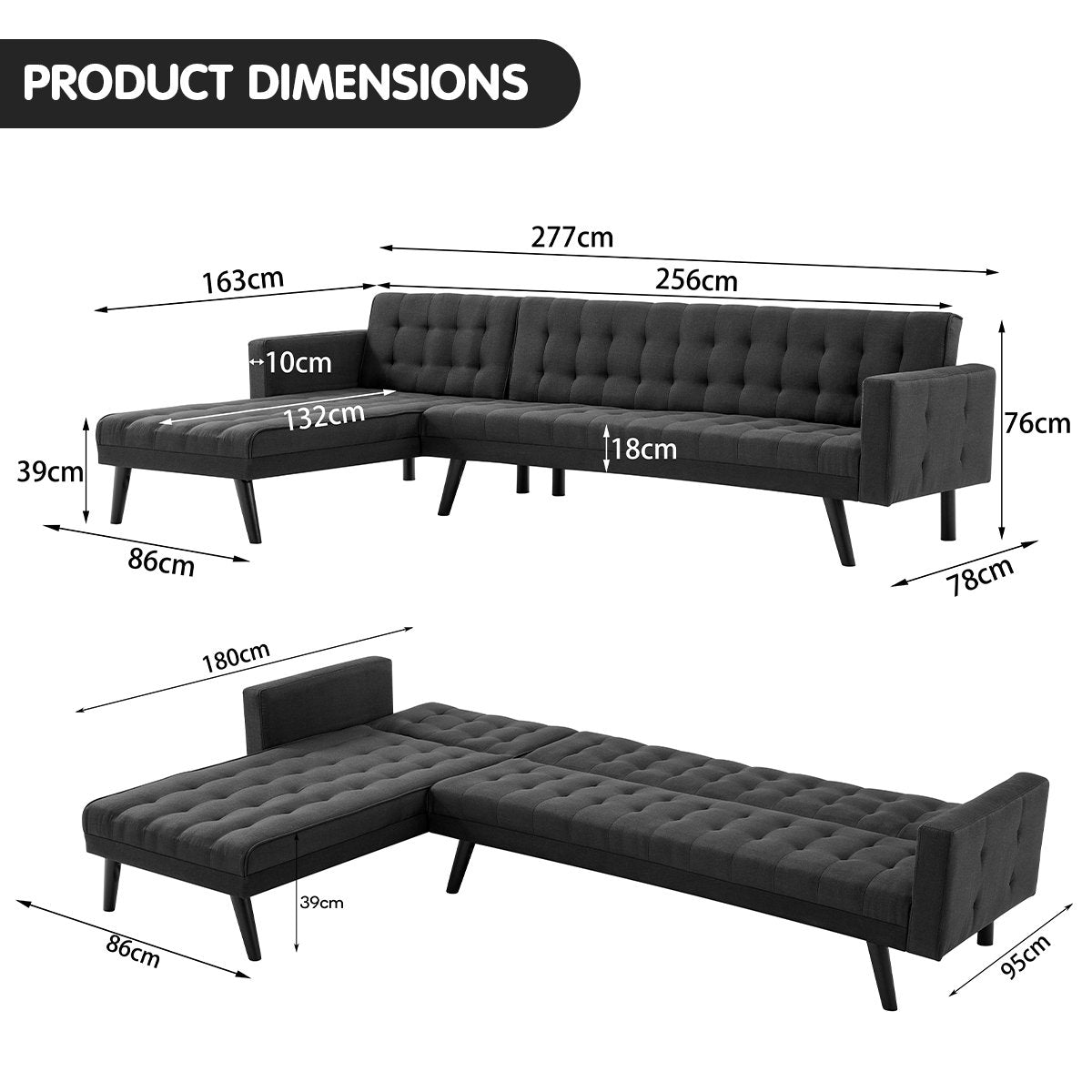 Sarantino 3-Seater Sofa Bed with Chaise Black