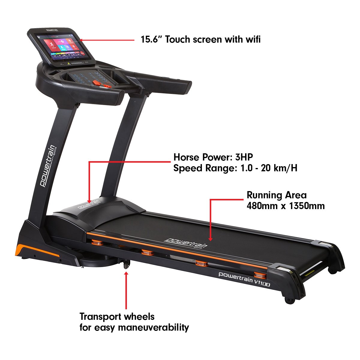 Powertrain V1100 Treadmill with Wifi Touch Screen & Incline